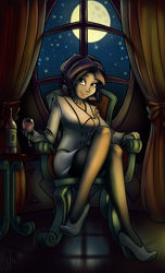 Size: 1050x1725 | Tagged: safe, artist:glancojusticar, rarity, human, alcohol, clothes, crossed legs, dark, drink, high heels, humanized, legs, moon, nail polish, night, pantyhose, shoes, sitting, skirt, skirt suit, solo, suit, tube skirt, window, wine, wine bottle, wine glass