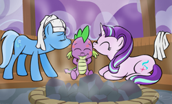 Size: 2229x1356 | Tagged: safe, artist:oinktweetstudios, spike, starlight glimmer, trixie, dragon, pony, unicorn, bisexual, coal, cute, cutie mark, diatrixes, female, glimmerbetes, kiss mark, kissing, lesbian, lipstick, male, mare, ponyville spa, sauna, shipping, spa, sparlight, sparlixie, spikabetes, spike gets all the mares, spikelove, spixie, startrix, steam, straight, towel