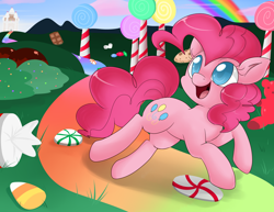 Size: 1500x1159 | Tagged: safe, artist:lustrous-dreams, pinkie pie, earth pony, pony, candy, castle, happy, rainbow, solo
