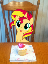 Size: 720x960 | Tagged: safe, artist:light262, sunset shimmer, pony, unicorn, cupcake, cute, hearts and hooves day, irl, looking at you, meme, no regrets, open mouth, photo, shimmerbetes, smiling, solo, valentine's day, vector, waifu, waifu dinner