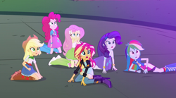 Size: 1400x781 | Tagged: safe, derpibooru import, screencap, applejack, fluttershy, pinkie pie, rainbow dash, rarity, sunset shimmer, equestria girls, friendship games, shocked