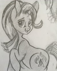 Size: 2448x3057 | Tagged: safe, artist:snowfoxythefox, starlight glimmer, pony, unicorn, grayscale, monochrome, pencil drawing, sitting, smiling, solo, traditional art