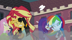 Size: 1400x778 | Tagged: safe, derpibooru import, screencap, fluttershy, rainbow dash, rarity, sunset shimmer, equestria girls, friendship games