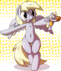 Size: 841x977 | Tagged: safe, artist:tg-0, derpy hooves, anthro, semi-anthro, apron, belly button, chest fluff, clothes, cute, muffin, playing, playing with oneself, solo, underp