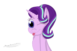 Size: 2944x1966 | Tagged: safe, artist:megaanimationfan, starlight glimmer, pony, unicorn, :p, cute, female, glimmerbetes, looking at you, mare, one eye closed, signature, silly, silly pony, simple background, smiling, tongue out, transparent background, wink