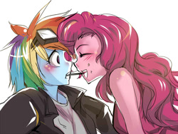 Size: 800x600 | Tagged: safe, artist:bakki, derpibooru import, pinkie pie, rainbow dash, equestria girls, blushing, female, goggles, humanized, lesbian, mouth hold, pinkiedash, pocky, pocky game, pony coloring, shipping, surprised