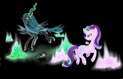 Size: 9227x5915 | Tagged: safe, artist:mr100dragon100, queen chrysalis, starlight glimmer, changeling, changeling queen, pony, unicorn, absurd resolution, awesome in hindsight, black background, crystal, fight, former queen chrysalis, hilarious in hindsight, magic, simple background, youtube link