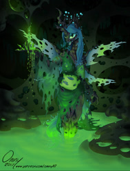 Size: 1200x1587 | Tagged: safe, artist:omny87, queen chrysalis, anthro, changeling, changeling queen, cave, changeling hive, clothes, dress, fountain, glowing mane, holey clothes, sash, solo, trypophobia, water, wings