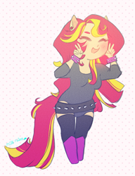 Size: 793x1034 | Tagged: safe, artist:milkrainn, sunset shimmer, anthro, human, equestria girls, ambiguous facial structure, cute, ear piercing, eared humanization, eyes closed, humanized, peace sign, piercing, ponied up, pony ears, shimmerbetes, solo