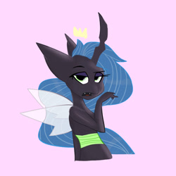 Size: 1280x1280 | Tagged: safe, artist:vylet pony, queen chrysalis, anthro, changeling, changeling queen, impossibly large ears, looking at you, pink background, simple background, solo, ugh