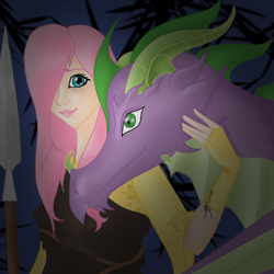 Size: 500x500 | Tagged: safe, artist:malrai, fluttershy, spike, humanized, older