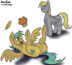 Size: 1024x926 | Tagged: safe, artist:omnifob, derpy hooves, sunshower raindrops, pegasus, pony, 30 minute art challenge, body swap, featureless crotch, female, mare, muffin, role reversal, unamused