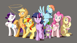 Size: 1920x1080 | Tagged: safe, artist:deannart, applejack, fluttershy, pinkie pie, rainbow dash, rarity, spike, sunset shimmer, twilight sparkle, twilight sparkle (alicorn), alicorn, dragon, earth pony, pegasus, pony, unicorn, action pose, alternate mane seven, angry, badass, cupcake, female, flutterbadass, mane seven, mane six, mare, rope, wallpaper