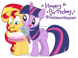 Size: 800x600 | Tagged: safe, artist:dm29, sunset shimmer, twilight sparkle, twilight sparkle (alicorn), alicorn, pony, unicorn, cake, cute, duo, happy birthday, julian yeo is trying to murder us, microphone, rebecca shoichet, shimmerbetes, singing, twiabetes, voice actor joke