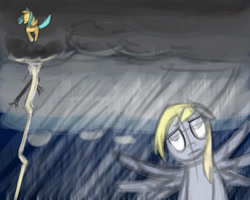 Size: 1280x1024 | Tagged: artist needed, safe, derpy hooves, sunshower raindrops, pegasus, pony, 30 minute art challenge, body swap, female, lightning, mare, rain