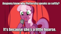 Size: 960x540 | Tagged: safe, cheerilee, fluttershy, earth pony, horse, pony, cheerilee pun, curtain, exploitable meme, female, green eyes, joke, mare, meme, microphone, open mouth, pun, smiling, solo, spotlight, text, two toned mane, two toned tail