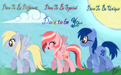 Size: 800x500 | Tagged: safe, artist:scythegirl, blues, derpy hooves, noteworthy, oc, pegasus, pony, donny swineclop, female, mare