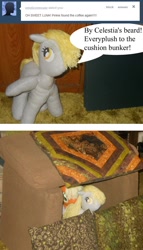 Size: 864x1512 | Tagged: safe, artist:eratosofcyrene, applejack, derpy hooves, pegasus, pony, ask, ask plush derpy, female, irl, mare, photo, plush derpy, plushie