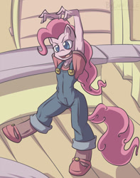 Size: 787x1000 | Tagged: safe, artist:countaile, pinkie pie, anthro, fangs, overalls