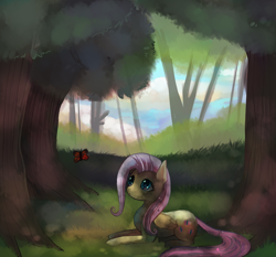 Size: 900x840 | Tagged: safe, artist:cherivinca, fluttershy, butterfly, pegasus, pony, forest, solo