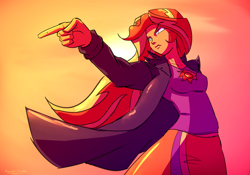 Size: 2500x1750 | Tagged: safe, artist:kanashiipanda, sunset shimmer, equestria girls, badass, clothes, death stare, epic, female, gaze, jojo pose, jojo's bizarre adventure, jotaro kujo, pointing, skirt, solo, sunset, trenchcoat