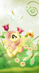 Size: 900x1674 | Tagged: safe, artist:ryo-utagawa, fluttershy, butterfly, pegasus, pony, female, flower, mare, prone, solo