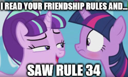 Size: 320x192 | Tagged: safe, starlight glimmer, twilight sparkle, twilight sparkle (alicorn), alicorn, pony, the cutie re-mark, image macro, meme, rules, starlight's secret