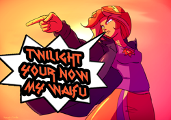 Size: 2500x1750 | Tagged: safe, artist:kanashiipanda, edit, sunset shimmer, equestria girls, badass, female, frown, glare, grammar error, implied sunsetsparkle, jojo's bizarre adventure, lesbian, misspelling, pointing, solo, waifu