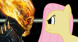 Size: 674x365 | Tagged: safe, fluttershy, pegasus, pony, ghost rider, penance stare, the stare, vs