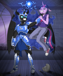 Size: 1125x1350 | Tagged: dead source, safe, artist:kryptid, derpibooru import, nightmare moon, twilight sparkle, anthro, armor, armpits, castle of the royal pony sisters, clothes, cutie mark on clothes, neck hold, pants, shirt, shoes, wings