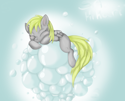 Size: 3116x2536 | Tagged: safe, artist:sahikari, derpy hooves, bubble, filly, foal, pony baby, signature, sleeping, solo