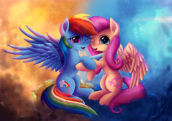 Size: 3000x2125 | Tagged: safe, artist:atlas-66, derpibooru import, fluttershy, rainbow dash, pegasus, pony, fame and misfortune, cute, dashabetes, duo, female, friendshipping, hug, looking at you, mare, scene interpretation, shyabetes, smiling