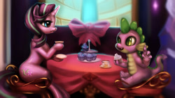 Size: 1920x1080 | Tagged: safe, artist:doll88, spike, starlight glimmer, dragon, pony, unicorn, cupcake, food, teacup