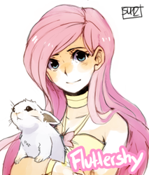 Size: 403x474 | Tagged: safe, artist:suikuzu, angel bunny, fluttershy, human, rabbit, bust, humanized, looking at you, pet, solo