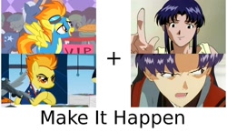 Size: 956x554 | Tagged: safe, derpy hooves, lightning bolt, lyra heartstrings, spitfire, white lightning, pegasus, pony, the best night ever, wonderbolts academy, blue moon, exploitable meme, female, katsuragi misato, make it happen, mare, neon genesis evangelion