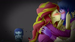 Size: 1920x1080 | Tagged: safe, artist:g-glory, boulder (pet), maud pie, sunset shimmer, twilight sparkle, twilight sparkle (alicorn), alicorn, equestria girls, rainbow rocks, blushing, clothes, female, kissing, lesbian, pajamas, shipping, sunsetsparkle, surprise kiss, surprised, wallpaper