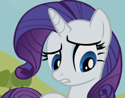 Size: 920x720 | Tagged: safe, screencap, rarity, pony, unicorn, female, frown, hill, mare, open mouth, sky, solo, tree