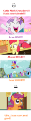 Size: 612x2396 | Tagged: safe, apple bloom, berry punch, berryshine, carrot top, cloud kicker, daisy, derpy hooves, flower wishes, fluttershy, golden harvest, lemon hearts, lightning bolt, linky, minuette, scootaloo, sea swirl, seafoam, shoeshine, sweetie belle, twinkleshine, white lightning, pegasus, pony, cutie mark crusaders, female, image macro, mare, meme, meta, one of these things is not like the others, scooter, talents