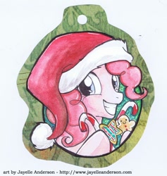 Size: 415x437 | Tagged: safe, artist:jayelle-anderson, pinkie pie, earth pony, pony, candy, hat, lowres, ornament, santa hat, solo, traditional art