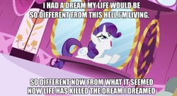 Size: 680x371 | Tagged: safe, edit, edited screencap, screencap, rarity, pony, unicorn, lesson zero, caption, image macro, les miserables, marshmelodrama, solo