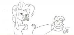 Size: 1849x872 | Tagged: safe, artist:oblivionbinder, derpy hooves, pinkie pie, pegasus, pony, female, mare, moustache, muffin, party cannon, pony cannonball