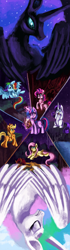 Size: 704x2500 | Tagged: safe, artist:raramila, derpibooru import, applejack, fluttershy, nightmare moon, pinkie pie, princess celestia, rainbow dash, rarity, twilight sparkle, alicorn, earth pony, manticore, pegasus, pony, unicorn, friendship is magic, book, mane six, signature