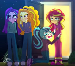 Size: 4039x3570 | Tagged: safe, artist:bluse, part of a series, part of a set, adagio dazzle, aria blaze, sonata dusk, sunset shimmer, equestria girls, begging, blushing, clothes, crying, dirty, eyes closed, female, frown, homeless, hoodie, kneeling, open mouth, pajamas, pants, poverty, shoes, show accurate, signature, sleepy, slippers, sweater, the dazzlings, the wandering dazzlings, tired, unamused