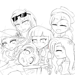 Size: 2048x2048 | Tagged: safe, artist:mewmewsart, derpibooru import, applejack, fluttershy, pinkie pie, rainbow dash, rarity, twilight sparkle, equestria girls, high res, mane six, monochrome, sketch, sunglasses