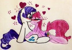 Size: 2048x1434 | Tagged: safe, artist:invaderzina, berry punch, berryshine, rarity, pony, unicorn, berrity, blushing, female, heart, kissing, lesbian, shipping, traditional art