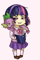 Size: 720x1080 | Tagged: safe, artist:mellifluousadventure, derpibooru import, spike, twilight sparkle, chibi, humanized, simple background