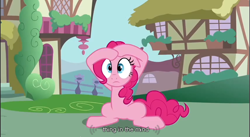 Size: 857x471 | Tagged: safe, screencap, pinkie pie, earth pony, pony, female, mare, pink coat, pink mane, solo, youtube caption