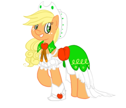 Size: 700x600 | Tagged: safe, artist:anaxboo, applejack, earth pony, pony, alternate hairstyle, boots, clothes, dress, wedding dress