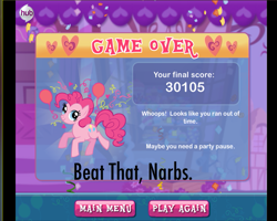 Size: 749x600 | Tagged: safe, screencap, pinkie pie, score, earth pony, pony, game, pinkie pie's party cannon blast, text