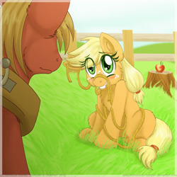 Size: 800x800 | Tagged: safe, artist:inuhoshi-to-darkpen, applejack, big macintosh, earth pony, pony, embarrassed, fluffy, grass, hatless, missing accessory, rope, who's a silly pony